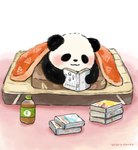 anthro bedding biped black_body black_nose blanket blush book kemono reading solo white_body araru bear giant_panda mammal 2024 hi_res