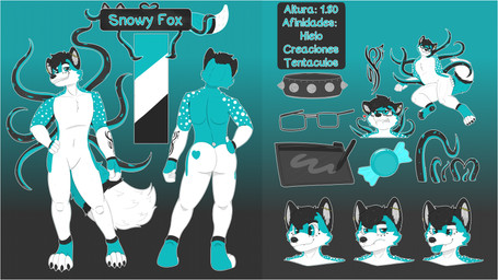 4_toes 5_fingers anthro arm_tattoo black_hair blue_eyes ear_piercing feet fingers fur hair heart_symbol male markings multicolored_body multicolored_fur piercing solo tattoo tentacles text toes two_tone_body two_tone_fur white_body snowyfox69 canid canine fox mammal 16:9 absurd_res english_text hi_res model_sheet widescreen