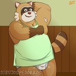 anthro apron armpit_hair body_hair brown_body bulge clothing green_apron green_clothing male open_mouth overweight overweight_male red_nose smile solo underwear clumsydrawing robot_dreams rascal_(robot_dreams) mammal procyonid raccoon 1:1 2024 hi_res