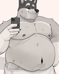 after_shower anthro areola belly big_belly big_moobs body_hair cellphone claws electronics eyebrows facial_hair fur grey_background happy_trail holding_object holding_phone love_handles male moobs navel nipples one_eye_closed overweight overweight_anthro overweight_male phone pubes simple_background smartphone smile solo standing stubble taking_picture towel towel_only tuft wet wet_body wet_fur wink unatazaamarilla bluey_(series) bandit_heeler australian_cattle_dog canid canine canis cattledog domestic_dog herding_dog mammal pastoral_dog 2024 absurd_res greyscale hi_res monochrome