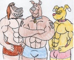 anthro clothed clothing group male muscular simple_background topless white_background unknown_artist hanna-barbera inspector_gadget_(franchise) johnny_test_(series) scooby-doo_(series) brain_(inspector_gadget) dukey scooby-doo canid canine canis domestic_dog great_dane mammal mastiff molosser source_request