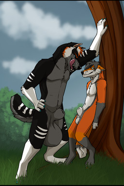 animal_genitalia animal_penis anthro balls bedroom_eyes belly big_balls big_pawpads big_sheath black_body black_fur black_nose blue_claws blue_eyes canine_genitalia canine_penis captured claws cloud detailed_background digitigrade dominant dominant_male duo eyebrows eyes_closed fangs forest fur genitals gloves_(marking) grass grey_balls grey_belly grey_body grey_fur grey_hair grin hair hands_on_sides hyper hyper_genitalia larger_dom looking_at_another looking_down male male/male markings multicolored_body multicolored_ears multicolored_fur multicolored_hair narrowed_eyes nude orange_body orange_eyebrows orange_fur penis pink_tongue pivoted_ears plant saggy_balls seductive sheath size_difference smile standing stripes submissive submissive_male teasing teeth text tongue tongue_out tree white_body white_fur white_stripes wrinkled_nose unbreakable-warrior athoswolf1337 canid canine canis fox mammal wolf 2024 2:3 digital_media_(artwork) hi_res shaded url