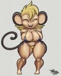 anthro big_breasts bikini blonde_hair breasts clothing eyes_closed female hair huge_breasts huge_hips huge_thighs multicolored_body open_mouth solo swimwear thick_thighs two-piece_swimsuit two_tone_body wide_hips tansau haplorhine mammal monkey primate 2022 4:5 hi_res