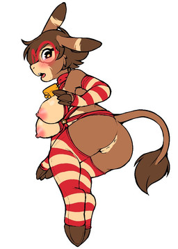 anthro anus blush breasts brown_body brown_fur brown_hair butt clothing collar cowbell cowbell_collar eyewear female fur genitals glasses hair hooves legwear looking_at_viewer nipples open_mouth pattern_clothing pattern_legwear pattern_stockings red_eyewear red_glasses simple_background solo stockings striped_clothing striped_legwear striped_stockings stripes tail vulva white_background sutagaki dani_(sutagaki) asinus donkey equid equine mammal 2023 aliasing digital_media_(artwork)