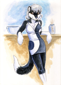 anthro black_body black_fur breasts brown_eyes clothing dress female food fur leaning_on_object pasta solo white_body white_fur caribou_(artist) chiaroscuro_(character) herpestid mammal mongoose hi_res