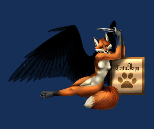 4_toes anthro black_wings breasts countershading dagger feathered_wings feathers featureless_breasts feet female footprint leaning looking_at_viewer melee_weapon nude pawprint raised_arm solo text toes weapon wings yellow_eyes tatujapa marjorie_sahriel canid canine fox mammal alpha_channel hi_res