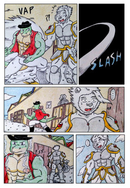 abs anthro armor armored_boots biceps big_muscles big_nipples big_pecs black_boots black_clothing black_footwear bodily_fluids boots bulge clothed clothing comic_panel dialogue duo fast footwear fur gauntlets gloves green_body hair handwear hat headgear headwear male manly motion_lines movement muscular muscular_anthro muscular_arms muscular_male nipples onomatopoeia open_clothing open_shirt open_topwear pecs pink_nipples port purple_eyes red_clothing shirt shoes shoulder_pads skill slashing smoke sound_effects speech_bubble surprised sweat sweatdrop tail technique text topwear torn_clothing torn_shirt torn_topwear white_body white_fur white_hair dashthefox albino_(seaborn) nikel felid lion lizard mammal pantherine reptile scalie absurd_res comic english_text hi_res traditional_media_(artwork)