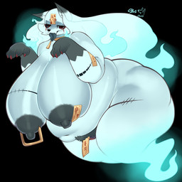 anthro areola belly big_belly big_breasts big_butt black_background breasts butt claws dipstick_ears ear_markings female fur genitals gloves_(marking) hair huge_belly huge_breasts huge_butt long_hair looking_at_viewer markings multicolored_ears navel nipple_piercing nipples nude ofuda overweight piercing red_claws red_eyes simple_background solo talisman text tongue tongue_out vulva cyan_asdf canid canine canis ghost mammal spirit 1:1 absurd_res hi_res korean_text translated