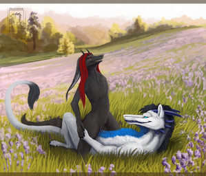 anthro anthro_on_anthro black_hair blue_eyes cowgirl_position day detailed_background duo featureless_chest female female_on_top female_penetrated from_front_position fur grey_body grey_fur hair lying male male/female male_on_bottom male_penetrating male_penetrating_female on_back on_bottom on_top open_mouth outside penetration penile penile_penetration penis_in_vagina red_eyes red_hair sex smile straddling tail vaginal vaginal_penetration white_body white_fur deanosaior mythology dragon furred_dragon furred_scalie mythological_creature mythological_scalie scalie