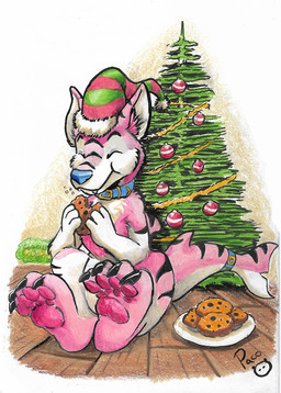 anthro black_claws blue_collar blue_nose christmas_tree claws closed_smile clothing collar cookie eating eyes_closed fangs food front_view fur green_clothing green_hat green_headwear happy hat headgear headwear holding_cookie holding_food holding_object holidays male male_anthro markings mouth_closed nude pattern_clothing pattern_hat pattern_headgear pattern_headwear pawpads pink_body pink_clothing pink_fur pink_hat pink_headwear pink_pawpads plant sitting smile solo striped_body striped_clothing striped_fur striped_hat striped_headgear striped_headwear striped_legs striped_markings striped_tail stripes tail tail_markings teeth tree white_body white_fur pandapaco christmas aquatic canid canine fish hybrid mammal shark traditional_media_(artwork)