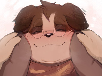anthro blush brown_body disembodied_hand duo eyewear glasses male overweight overweight_male smile smiling_at_viewer nepptsu quantum_love_theory anon dominic_(quantum_love_theory) canid canine mammal