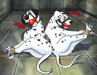 ball_gag bdsm black_ears black_nose black_pawpads bondage bound duo feet female feral fur gag glare hogtied looking_at_viewer male markings pawpads paws red_ball_gag rope spots spotted_body tail teeth text white_body white_fur raptorroper 101_dalmatians disney perdita pongo canid canine canis dalmatian domestic_dog mammal 2025 cel_shading digital_drawing_(artwork) digital_media_(artwork) hi_res shaded