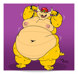 anthro armband belly big_belly big_moobs bracelet fat_upper_pubic_area flexing hair hands_above_head horn huge_belly jewelry love_handles male moobs navel nipples nude obese obese_male open_mouth overweight overweight_male raised_arms simple_background small_tail smile solo spiked_armband spiked_bracelet spikes standing tail teeth thick_thighs tongue duly_noted bowser_day mario_bros nintendo bowser koopa scalie hi_res