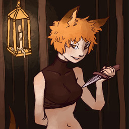 black_clothing black_shirt black_topwear breasts brown_clothing brown_shirt brown_topwear candle candlelight clothed clothing collarbone crop_top dagger female fluffy_ears fox_ears fully_clothed grin hair hand_behind_back holding_knife holding_object human_skin humanoid_hands knife light looking_at_viewer melee_weapon messy_hair navel orange_eyes orange_hair orange_tail organs shirt short_hair sleeveless_clothing sleeveless_shirt slim small_waist smile solo stomach tail tight_clothing topwear weapon batpupbourbon canid canine fox humanoid mammal 1:1 2019 digital_media_(artwork) hi_res