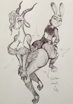 anthro ass_to_ass big_breasts big_butt bracelet breasts butt cleavage clothed clothing dress duo female footwear fully_clothed fur hair horn jewelry looking_at_viewer looking_back looking_back_at_viewer one_eye_obstructed open_mouth police police_uniform scut_tail short_tail tail toeless_footwear uniform pikapika212 disney zootopia gazelle_(zootopia) judy_hopps antelope bovid gazelle lagomorph leporid mammal rabbit 2018 absurd_res hi_res monochrome sketch traditional_media_(artwork)