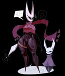 abs ambiguous_gender annoyed anthro bodily_fluids bottomless cape clothed clothing duo featureless_crotch female horn insult larger_female looking_down scarf size_difference standing sweat thick_thighs weapon wide_hips xexeezy hollow_knight team_cherry hornet_(hollow_knight) the_knight_(hollow_knight) arachnid arthropod insect spider vessel_(species) hi_res unavailable_at_source