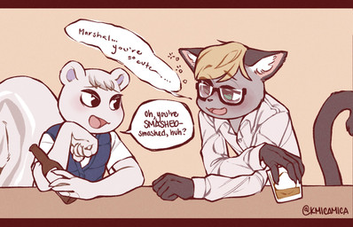 alcohol anthro beverage blonde_hair blush dialogue drunk duo eyewear fur glasses green_eyes grey_body grey_fur hair male romantic romantic_couple speech_bubble substance_intoxication text white_body white_fur kmicamica animal_crossing nintendo marshal_(animal_crossing) raymond_(animal_crossing) domestic_cat felid feline felis grey_squirrel mammal rodent sciurid tree_squirrel 2020 english_text hi_res