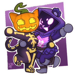 anthro belt big_breasts big_eyes big_head black_body boots breasts brown_belt chibi clothing duo eye_scar eyelashes facial_scar featureless_breasts featureless_crotch featureless_feet featureless_hands feet female female/female food footwear for_a_head fruit geometric_background gloves grey_boots grey_clothing grey_footwear grey_gloves grey_handwear hand_around_waist handwear happy hug looking_at_viewer mostly_nude multicolored_body on_one_leg one_eye_closed open_mouth open_smile orange_body outline plant pumpkin pumpkin_head purple_body scar shadow_face shoes simple_background slightly_chubby slightly_chubby_anthro slightly_chubby_female smile standing tail thick_thighs white_body white_outline wink dydy_silva cc-by-nc creative_commons epic_games fortnite raven_team_leader spice_(fortnite) bear felid feline mammal object_head 1:1 2025 digital_media_(artwork) hi_res shaded signature soft_shading