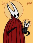 ambiguous_gender anthro black_body black_eyes carrying_another carrying_partner christianity cloak clothing duo eye_contact female halo horn iconography larger_female looking_at_another male parody religion simple_background sitting_on_arm size_difference smaller_ambiguous text white_body yellow_background anonymous_artist unknown_artist hollow_knight orthodox_christianity team_cherry hornet_(hollow_knight) the_knight_(hollow_knight) arthropod humanoid vessel_(species) featureless_(disambiguation) portrait