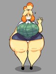 anthro big_breasts blonde_hair bottomwear breasts clothing female footwear gesture grey_background hair hand_on_hip heart_symbol huge_breasts looking_at_viewer markings panties pencil_skirt shirt shoes simple_background skirt smile smiling_at_viewer solo thick_thighs topwear underwear waving wide_hips lewd_dorky animal_crossing nintendo isabelle_(animal_crossing) canid canine canis domestic_dog mammal shih_tzu toy_dog 2024 hi_res