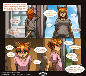 anthro bangs biped bottomwear breasts clothed clothing collar dialogue door doorway duo ear_piercing ear_ring female front_view fur green_eyes grey_bottomwear grey_clothing grey_shirt grey_t-shirt grey_topwear hair heterochromia high-angle_view inner_ear_fluff inside long_bangs long_hair looking_at_viewer looking_back looking_back_at_viewer low-angle_view male medium_breasts open_mouth orange_hair outside pants piercing pink_clothing pink_shirt pink_t-shirt pink_topwear purple_eyes rear_view ring_piercing shirt shocked short_hair side_view solo speech_bubble standing surprised t-shirt tail text topwear tuft young young_anthro young_male iginger ginger_(iginger) domestic_cat felid feline felis mammal comic digital_media_(artwork) english_text hi_res multiple_scenes portrait three-quarter_portrait url male_(lore)