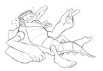 anthro electronics eyes_closed headphones male musical_note musical_symbol open_mouth pillow resting simple_background singing solo sound_effects symbol teeth_showing tongue tongue_out white_background thegreatmatsutzu sega sonic_the_hedgehog_(series) vector_the_crocodile crocodile crocodilian reptile scalie black_and_white monochrome sketch