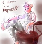 anthro chair cigarette clothed clothing eyewear fur furniture glasses male simple_background smile smoke solo suicide table teeth text ripelo filthy_frank undertale undertale_(series) burgerpants domestic_cat felid feline felis mammal 2016 english_text hi_res meme reaction_image