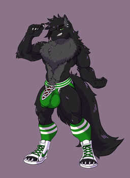 anthro arm_tuft big_bulge black_body black_fur black_hair bulge claws clothing crotch_tuft detailed_bulge ear_piercing elbow_tuft fluffy fluffy_chest footwear fur green_clothing green_eyes grey_body grey_fur hair huge_bulge industrial_piercing jockstrap laced_jockstrap laced_underwear leather_shoes legwear long_hair male muscular muscular_anthro muscular_male neck_tuft pattern_clothing pattern_footwear pattern_legwear pattern_socks piercing shoes smile smiling_at_viewer socks solo stretched_clothing striped_clothing striped_footwear striped_socks stripes tail tuft underwear white_clothing white_footwear white_shoes amaranthnymph mythology nike erich_fromm canid canine canis dire_wolf mammal mythological_canine mythological_creature prehistoric_species werecanid werecanine werecreature werewolf wolf absurd_res hi_res