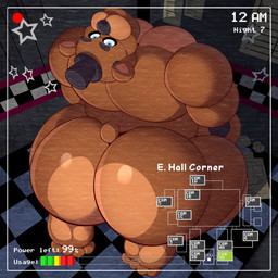 anthro big_butt black_clothing black_eyebrows black_hat black_headwear black_nose blue_eyes butt camera_view checkered checkered_floor clothing eyebrows hat headgear headwear kneeling looking_back machine male mouth_closed rear_view small_tail solo tail text bigbchevalier five_nights_at_freddy's scottgames freddy_(fnaf) animatronic bear mammal robot 1:1 2026 absurd_res digital_drawing_(artwork) digital_media_(artwork) english_description english_text hi_res