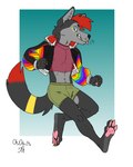 anthro blue_eyes bottomwear clothing ears_up feet fist fists_clenched fur green_bottomwear green_clothing green_pants grey_body grey_fur hair jacket lgbt_pride looking_at_viewer male multicolored_clothing nails nipples pants pawpads paws pride_colors rainbow_clothing rainbow_flag rainbow_pride_flag rainbow_symbol red_hair solo teeth tongue tongue_out topwear bartek22 jtwusky canid canine canis mammal wolf hi_res