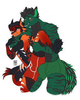 anthro blush boxer_briefs carrying_another clothing hand_on_hip male male/male underwear seagullart nilo_(profanedshork) amur_carp aquatic canid canine canis carp cyprinid cypriniform fish koi mammal typical_carp wolf hi_res