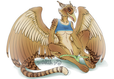 4_toes anthro beak breasts claws clothed clothing crop_top feathered_wings feathers feet female fur genital_piercing genitals labia_piercing labia_ring looking_at_viewer markings panties partially_clothed piercing ring_piercing shirt simple_background sitting smile solo striped_markings striped_tail stripes tail tail_markings toes topwear under_boob underwear underwear_down vulva vulva_piercing vulva_ring wings sayuncle mythology avian gryphon mythological_avian mythological_creature 2015 signature