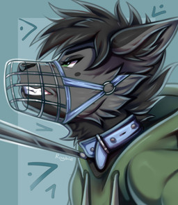 angry anthro black_body black_fur black_hair black_nose clothing collar femboy fluffy fur green_eyes grey_body hair hoodie leash male muzzle_(object) muzzled simple_background solo topwear rogbiejoke kai_(kaiblackfang) canid canine canis mammal wolf absurd_res digital_media_(artwork) hi_res portrait