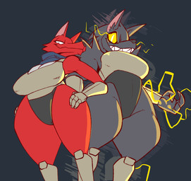 anthro armor big_breasts black_body black_fur breastplate breasts duo female fur huge_hips huge_thighs looking_at_viewer low-angle_view red_body red_fur thick_thighs wide_hips yellow_sclera triplepistacho fawkes_(triplepistacho) canid canine fox mammal 2024 character_request digital_media_(artwork)