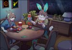 anthro burger duo food fries fur green_body green_fur male relaxing johnfreak lagomorph leporid mammal rabbit absurd_res hi_res