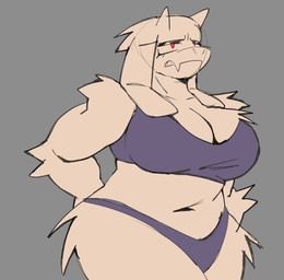 2_horns anthro arm_tuft bare_shoulders bent_arm big_breasts big_eyes biped black_eyeshadow bra breast_tuft breasts cleavage clothed clothed_anthro clothed_female clothing colored_pupils elbow_tuft eyeshadow fangs female floppy_ears frown fur fur_tuft glistening_eyelids grey_background head_tuft horn iris leg_tuft legs_together light_body light_fur long_ears looking_forward lop_ears makeup mature_anthro mature_female monotone_background monotone_body monotone_fur navel no_pupils panties purple_bra purple_clothing purple_panties purple_underwear red_eyes scowl shoulder_tuft simple_background snarling snout solo standing teeth thick_neck thick_thighs thigh_tuft three-quarter_view tuft underwear white_body white_breasts white_ears white_fur white_horn white_sclera wide_hipped_anthro wide_hipped_female wide_hips aaaaaron122 undertale undertale_(series) toriel boss_monster_(undertale) bovid caprine goat mammal monster 2025 digital_drawing_(artwork) digital_media_(artwork) portrait three-quarter_portrait