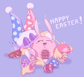 alternate_species ambiguous_gender biped blush blush_stickers bodily_fluids censor_bar censored_genitalia censored_vulva clothing cute_fangs duo easter_egg egg eye_roll eyes_closed face_lick fangs feet female female/ambiguous fluffy fluffy_tail fool's_hat front_view fur furrification genitals hat headgear headwear heart_symbol holding_partner holidays ineffective_censorship licking licking_another licking_partner looking_pleasured lying on_back one_eye_closed oviposition pawpads pink_body pink_fur pink_pawpads pink_vulva plump_labia pupils purple_body purple_eyelids purple_fur red_body red_fur scut_tail short_tail spread_legs spreading sweat sweatdrop tail talons teeth text toes tongue tongue_out vulva white_pupils wings ariarik_o0 easter kirby_(series) nintendo kirby marx_(kirby) lagomorph leporid mammal rabbit waddling_head 2024 censored digital_drawing_(artwork) digital_media_(artwork) english_text hi_res japanese_description