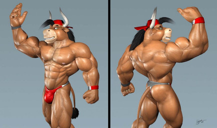 abs anthro biceps big_muscles biped black_hair brown_body brown_fur bulge butt clothed clothing flexing fur green_eyes hair hat headgear headwear horn huge_muscles looking_at_viewer male muscular muscular_anthro muscular_male navel nipples pecs smile solo speedo standing swimwear teeth topless vein wristband braford oscar_(braford) bovid bovine mammal 3d_(artwork) digital_media_(artwork)