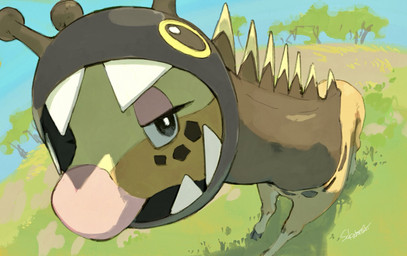 ambiguous_gender black_eyes brown_body close-up detailed_background eye_markings eyelashes fangs feral grass hooves long_neck looking_at_viewer markings neck_spikes orange_body plant quadruped savanna solo spots spotted_markings standing tan_markings teeth tree white_sclera sakuraiisui nintendo pokemon farigiraf generation_9_pokemon giraffid mammal pokemon_(species) digital_drawing_(artwork) digital_media_(artwork) hi_res shaded signature