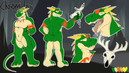 anthro bone horn long_tail male markings open_mouth pose skull solo tail tribal tribal_markings vallis_cloven chromulon_(vallis-cloven) lizard monitor_lizard reptile scalie 7:4 digital_media_(artwork) hi_res model_sheet widescreen