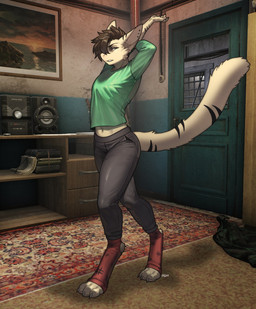 anthro biped bottomwear breasts claws clothed clothed_anthro clothed_female clothing feet female fingers front_view fully_clothed fully_clothed_anthro fully_clothed_female fur hair inside looking_at_viewer navel solo standing tail teeth text toes topwear pgm300 mammal 2026 digital_drawing_(artwork) digital_media_(artwork) english_text hi_res