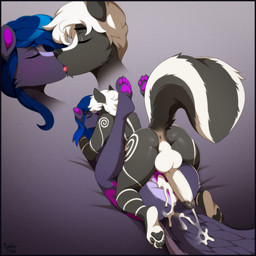 after_sex anthro anus big_penis birthmark black_body black_fur black_nose black_pawpads black_penis black_penis_tip black_tail blue_hair bodily_fluids cum cum_in_ass cum_in_vagina cum_inside cum_on_tail duo erection eyes_closed female fluffy fluffy_tail from_front_position fur fur_markings genital_fluids genitals hair inner_ear_fluff kiss_on_lips lying male male/female male_on_top markings missionary_position multicolored_body multicolored_fur multicolored_tail on_back on_top pawpads penis purple_anus purple_inner_ear_fluff purple_pawpads purple_vulva romantic romantic_couple sex simple_background skull_and_crossbones tail tuft vulva white_anus white_body white_fur white_hair white_penis white_tail marblesoda erforf_mephit shalya_bushtail mammal mephitid skunk striped_skunk 1:1 2025 hi_res signature