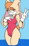 anthro breasts brown_eyelids brown_eyes camel_toe clothed clothing eyelashes fakeryway female flat_colors fours_(artist) fur gesture gloves hair half-closed_eyes hand_gesture hand_on_chest handwear hi_res lagomorph leporid long_ears looking_at_viewer mammal mature_anthro mature_female narrowed_eyes nipple_outline nipples one-piece_swimsuit orange_hair partially_submerged pink_inner_ear rabbit sega smile solo sonic_the_hedgehog_(series) swimwear tan_body tan_fur v_sign vanilla_the_rabbit