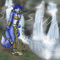 anthro bodily_fluids bottomwear clothing embarrassed female genital_fluids loincloth markings navel omorashi onomatopoeia pee_desperation peeing peeing_outside solo sound_effects tattoo tears text tribal tribal_markings tribal_tattoo urine urine_on_ground urine_pool water waterfall waterfall_tears watersports wet wetting wetting_bottomwear jacquesrabbit nintendo star_fox krystal_(star_fox) alien canid canine cerinian fox mammal