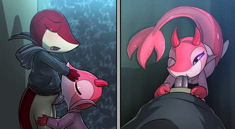 anthro bathroom blush bottomless bottomless_anthro bottomless_female bottomless_male clothed clothing duo eyes_closed fellatio female genitals grey_clothing grey_hoodie grey_topwear hand_on_face hand_on_leg hoodie horn kneeling looking_pleasured male male/female one_eye_closed open_mouth oral oral_penetration penetration penile penis penis_in_mouth pink_body pink_clothing pink_topwear public_restroom purple_eyes red_body restroom_stall sex standing tail tan_body topwear e254e nintendo pokemon slash_the_snivy demon generation_5_pokemon pokemon_(species) snivy hi_res