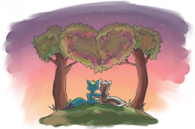 anthro duo heart_symbol male plant star sunset tree secretkitsune flintxd_(character) temmy_(secretkitsune) canid canine fox mammal marble_fox red_fox true_fox 2018