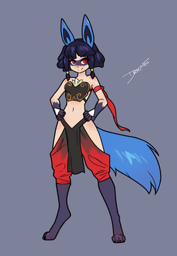 armor blue_eyes blue_tail bottomwear breastplate breasts clothing female fluffy fluffy_tail freckled_face freckled_legs freckled_shoulders freckles gloves_(marking) grey_background loincloth markings midriff navel red_eyes simple_background solo tail dragonfu nintendo pokemon generation_4_pokemon humanoid lucario pokemon_(species) 2025 hi_res