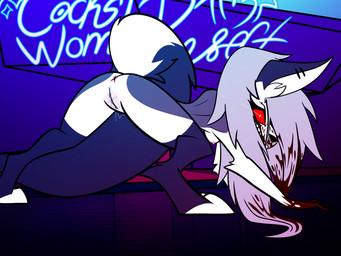 all_fours anthro anus blood blood_on_face blood_on_hand bodily_fluids breasts female genitals looking_at_viewer looking_back on_model presenting raised_tail solo tail vulva alteredkrimson hellaverse helluva_boss mythology loona_(helluva_boss) canid canid_demon canine demon hellhound mammal mythological_canine mythological_creature 4:3 absurd_res hi_res