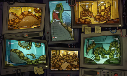 after_vore belly big_belly brown_body electronics feral group inside male monitor overweight post-it_note text vore spicynoodleart the_backrooms reptile scalie snake 2025 absurd_res english_text hi_res