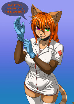 5_fingers anthro bangs big_breasts big_ears big_eyes biped blue_clothing blue_gloves blue_handwear breasts brown_nose clothed clothing collar exclamation_point female fingers front_view fur glove_snap gloves gloves_(marking) green_eyes hair handwear heterochromia inner_ear_fluff legwear long_bangs long_hair long_tail looking_at_viewer markings medical_gloves nurse nurse_clothing nurse_uniform orange_body orange_fur orange_hair purple_eyes raised_hand shirt simple_background smile solo speech_bubble standing stockings tail text three-quarter_view topwear tuft uniform white_clothing white_legwear white_sclera white_shirt white_stockings white_topwear white_uniform iginger ginger_(iginger) domestic_cat felid feline felis mammal 2025 digital_drawing_(artwork) digital_media_(artwork) english_text full-length_portrait hi_res portrait three-quarter_portrait male_(lore)
